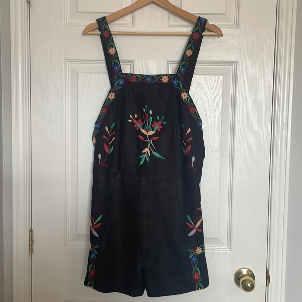 Zara embroidered linen open back romper